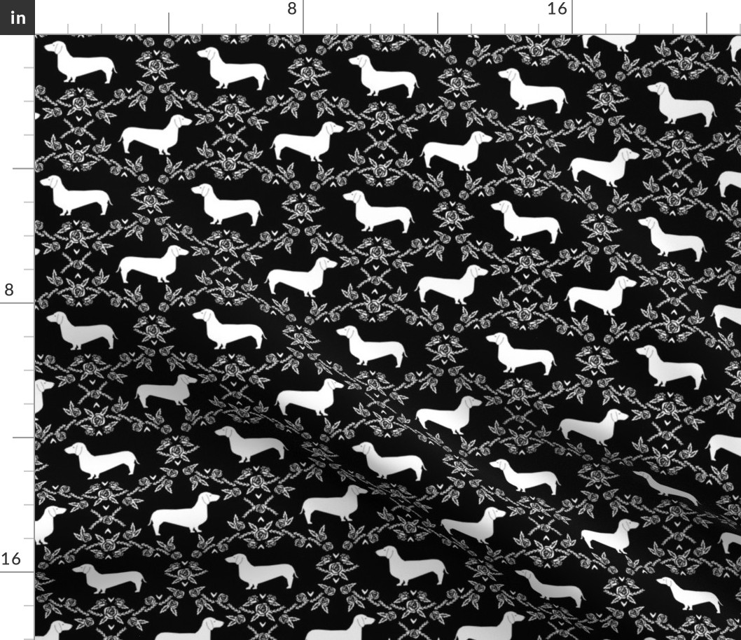 Dachshund floral dog silhouette dog breed fabric black