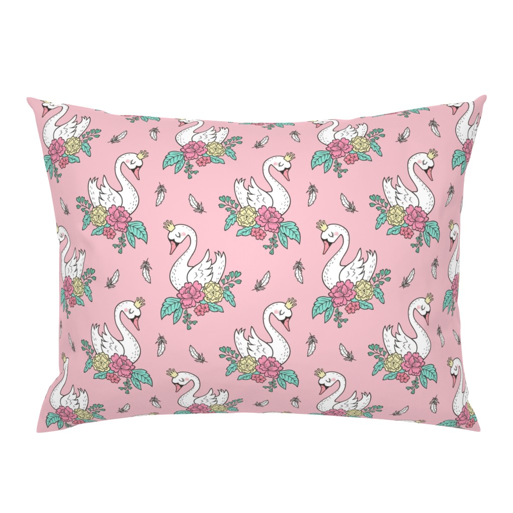 Dreamy Swan Swans & Vintage Boho Flowers and Feathers on Pink 