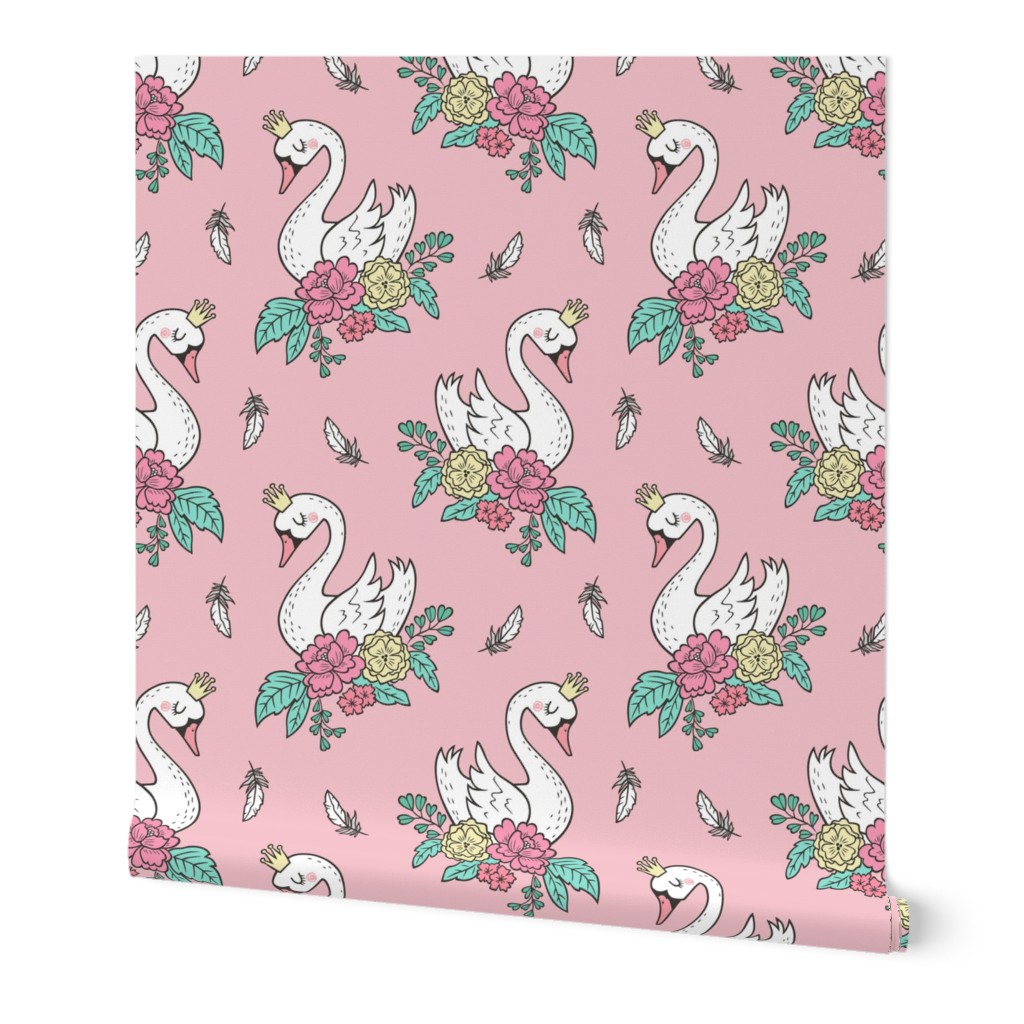 Dreamy Swan Swans & Vintage Boho Flowers and Feathers on Pink 