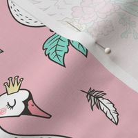 Dreamy Swan Swans & Vintage Boho Flowers and Feathers on Pink 