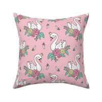 Dreamy Swan Swans & Vintage Boho Flowers and Feathers on Pink 