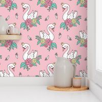 Dreamy Swan Swans & Vintage Boho Flowers and Feathers on Pink 