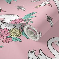 Dreamy Swan Swans & Vintage Boho Flowers and Feathers on Pink 