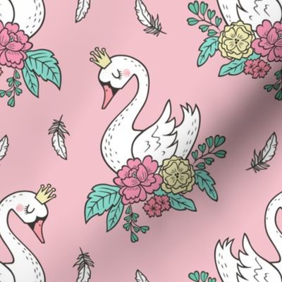 Dreamy Swan Swans & Vintage Boho Flowers and Feathers on Pink 