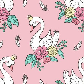 Dreamy Swan Swans & Vintage Boho Flowers and Feathers on Pink 