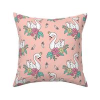 Dreamy Swan Swans & Vintage Boho Flowers and Feathers on Peach