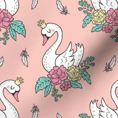 Dreamy Swan Swans & Vintage Boho Flowers and Feathers on Peach