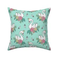 Dreamy Swan Swans & Vintage Boho Flowers and Feathers on Mint Green