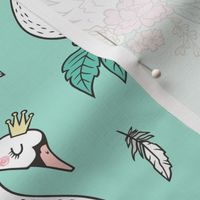 Dreamy Swan Swans & Vintage Boho Flowers and Feathers on Mint Green