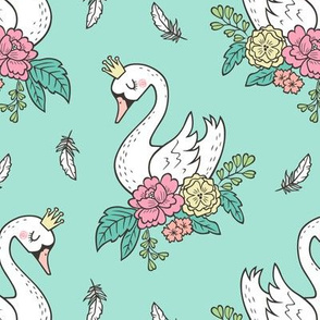 Dreamy Swan Swans & Vintage Boho Flowers and Feathers on Mint Green