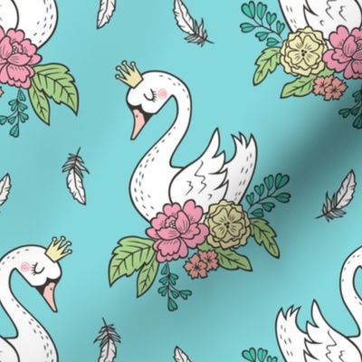 Dreamy Swan Swans & Vintage Boho Flowers and Feathers on Blue Turquoise