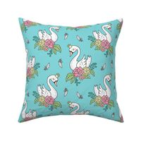 Dreamy Swan Swans & Vintage Boho Flowers and Feathers on Blue Turquoise