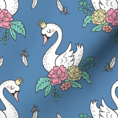Dreamy Swan Swans & Vintage Boho Flowers and Feathers on Denim Blue