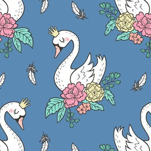 Dreamy Swan Swans & Vintage Boho Flowers and Feathers on Denim Blue