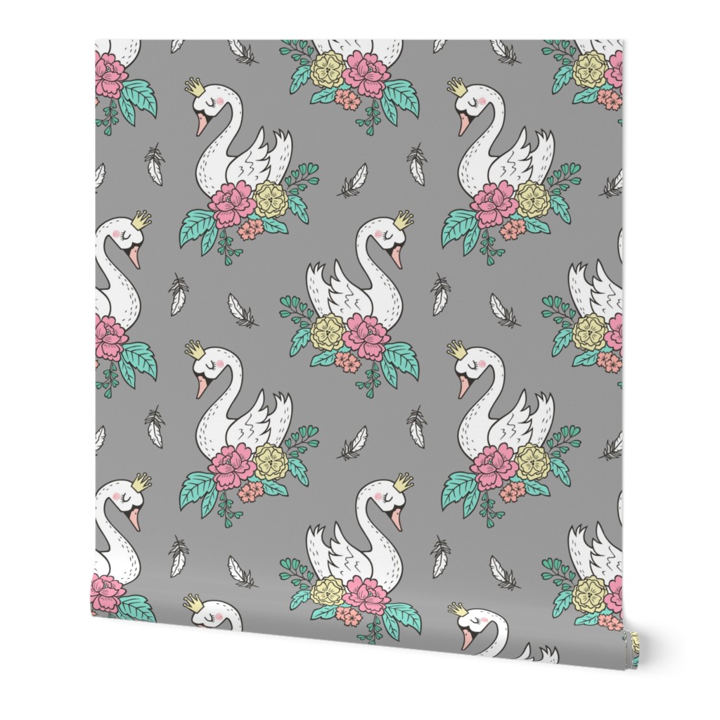Dreamy Swan Swans & Vintage Boho Flowers and Feathers on  Grey