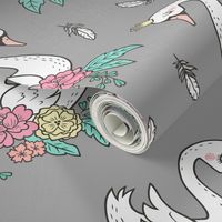 Dreamy Swan Swans & Vintage Boho Flowers and Feathers on  Grey