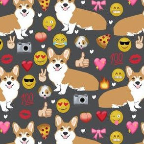 corgi emoji fabric tricolored corgis dog fabric - charcoal