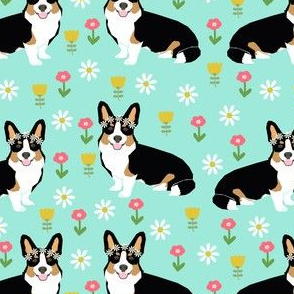 corgi flower child fabric hippie cute florals fabric -aqua