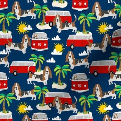 basset hound dog fabric summer  palm trees - navy