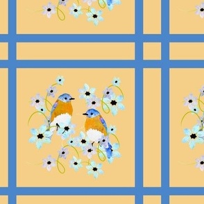Bluebirds, flowers in latticework blocks