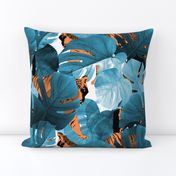 Blue Monstera Leaves and Tigers in the Jungle by Minikuosi