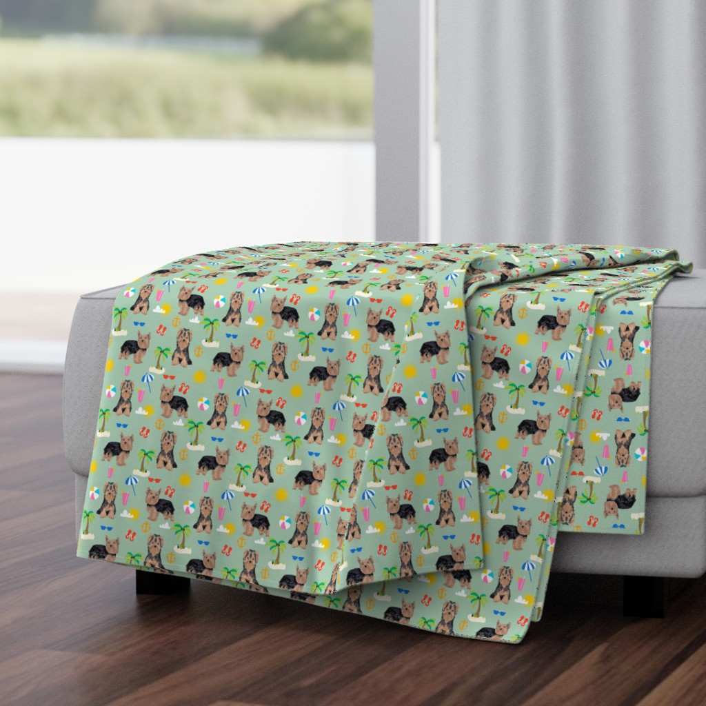 yorkie fabric yorkshire terrier summer beach design cute dog fabric - mint