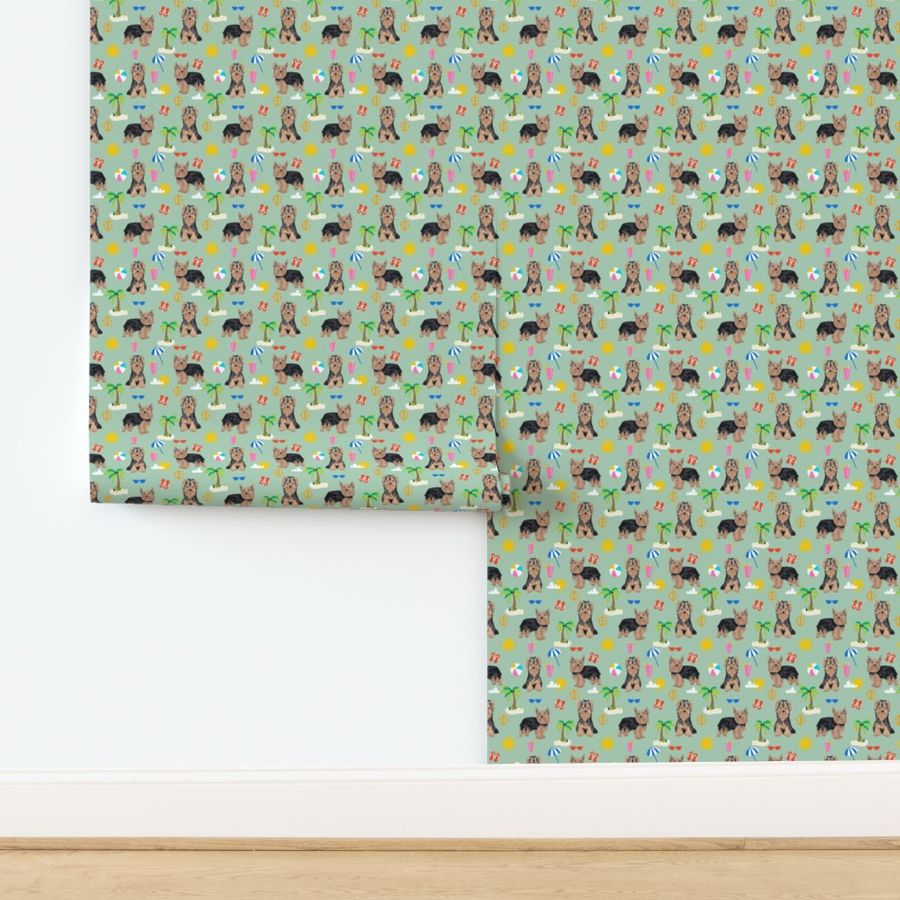 yorkie fabric yorkshire terrier summer beach design cute dog fabric - mint