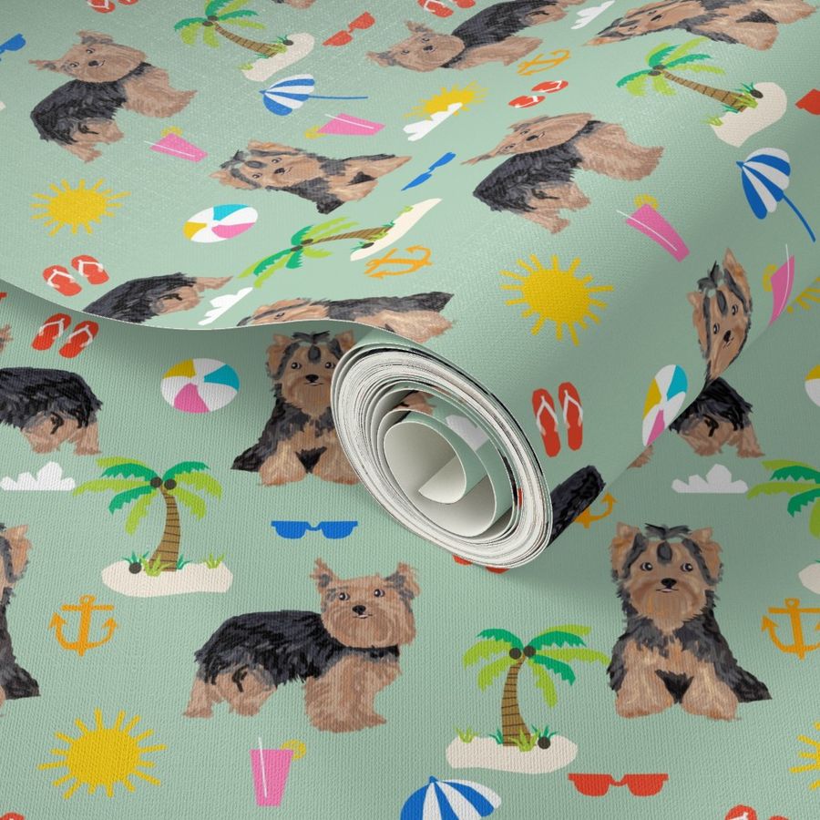 yorkie fabric yorkshire terrier summer beach design cute dog fabric - mint