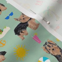 yorkie fabric yorkshire terrier summer beach design cute dog fabric - mint