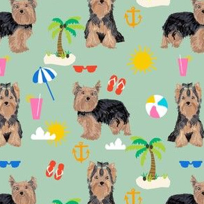 yorkie fabric yorkshire terrier summer beach design cute dog fabric - mint