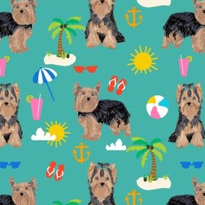 yorkie fabric yorkshire terrier summer beach design cute dog fabric - turquoise