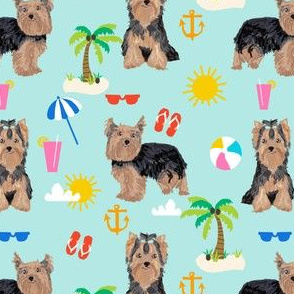 yorkie fabric yorkshire terrier summer beach design cute dog fabric - light blue