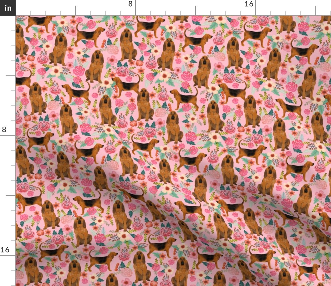 bloodhound dog fabric dogs and florals - pink