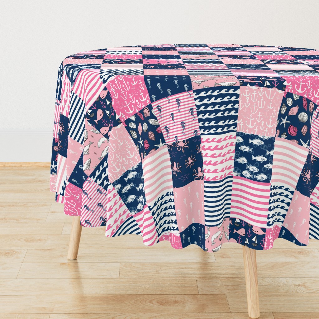 nautical wholecloth cheater quilt fabric navy and pink fabric