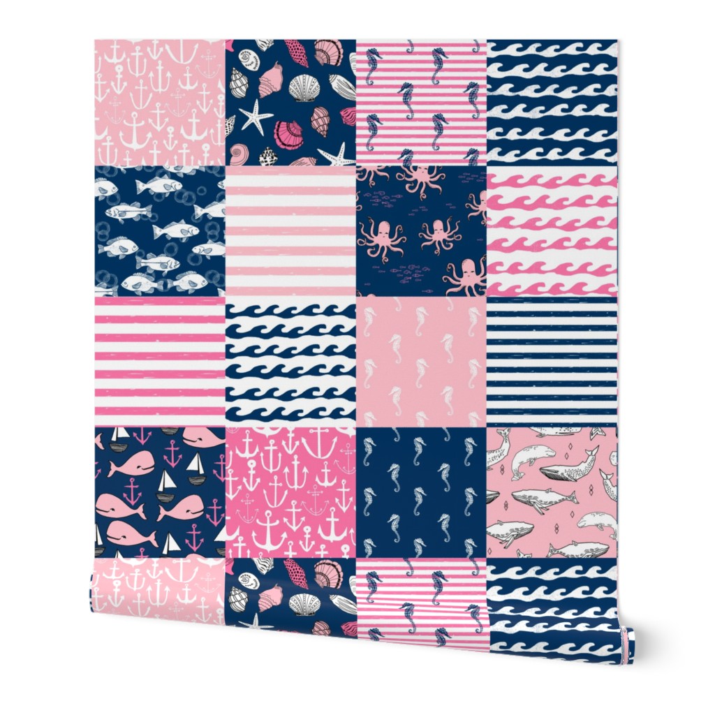 nautical wholecloth cheater quilt fabric navy and pink fabric