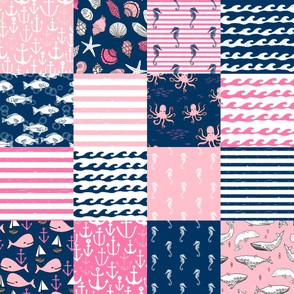nautical wholecloth cheater quilt fabric navy and pink fabric