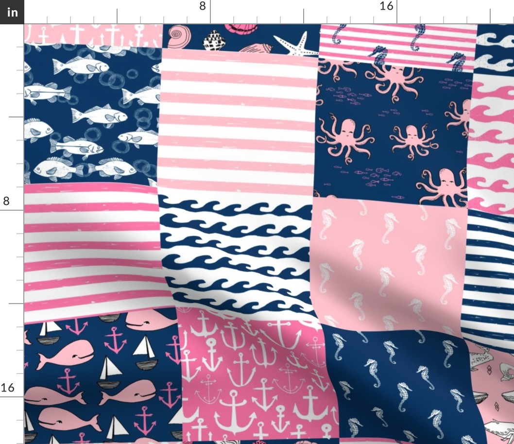 nautical wholecloth cheater quilt fabric navy and pink fabric