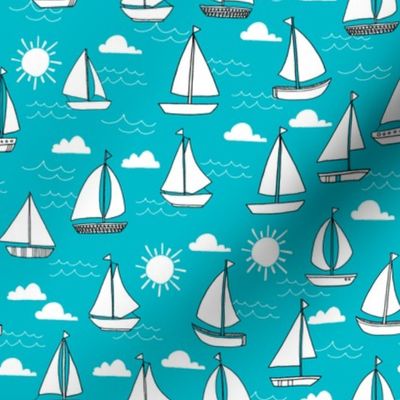 sailboats fabric // sailing nautical boat fabric nursery baby turquoise