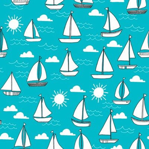 sailboats fabric // sailing nautical boat fabric nursery baby turquoise