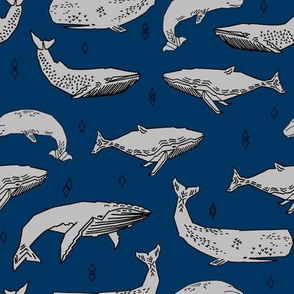 whales fabric // whale ocean animals fabric nursery baby fabric - navy