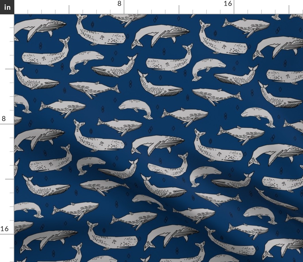 whales fabric // whale ocean animals fabric nursery baby fabric - navy