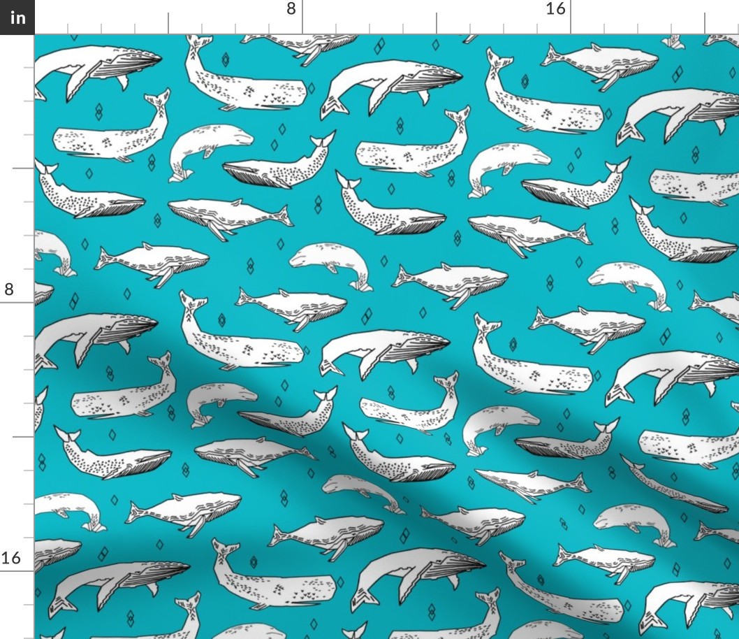 whales fabric // whale ocean animals fabric nursery baby fabric - turquoise