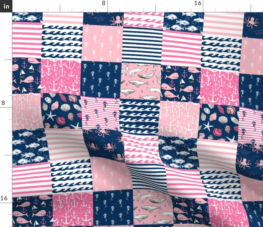 cheater quilt fabric //  navy and pink wholecloth fabric nautical baby fabric
