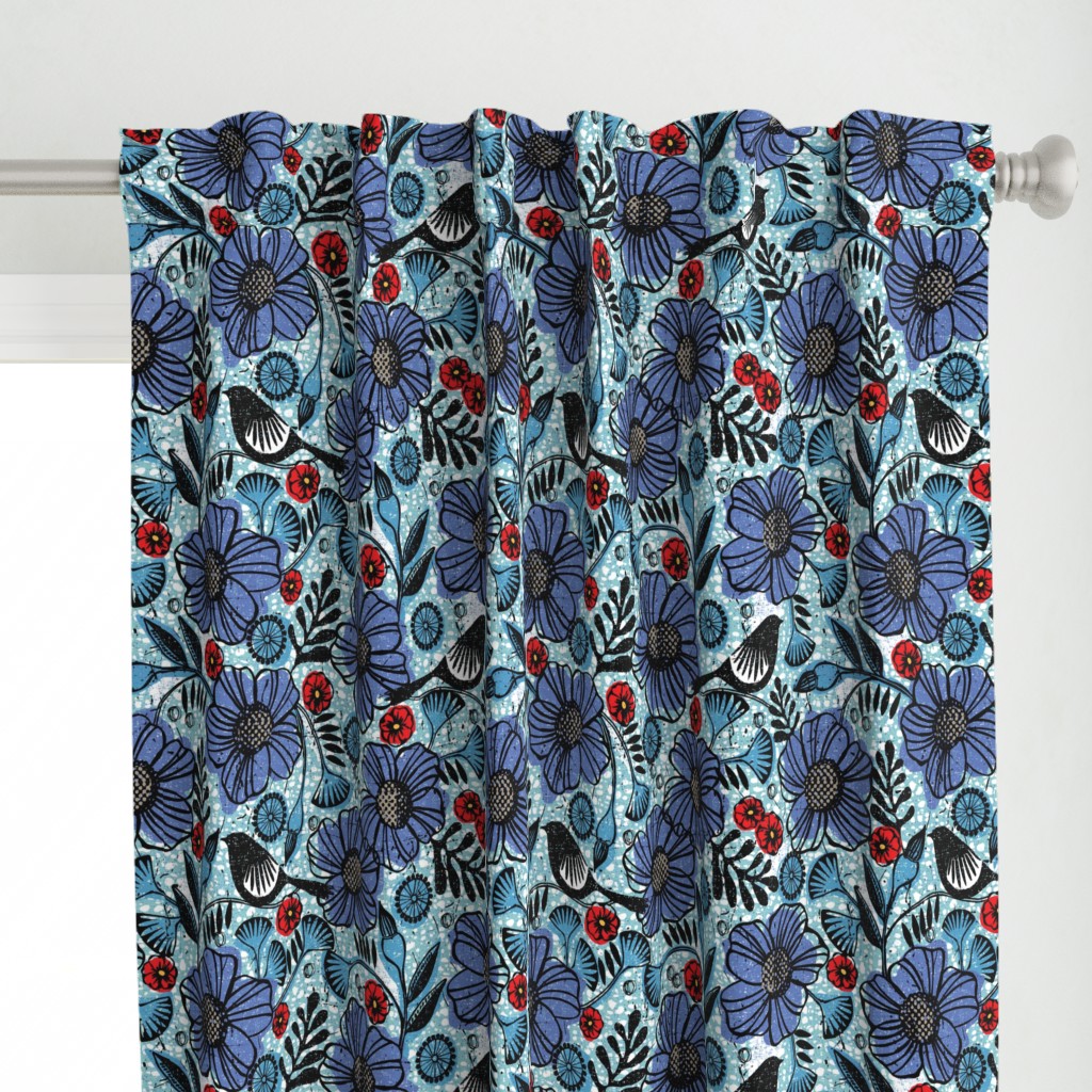 Blue blooms and black birds-floral-flowers-summer