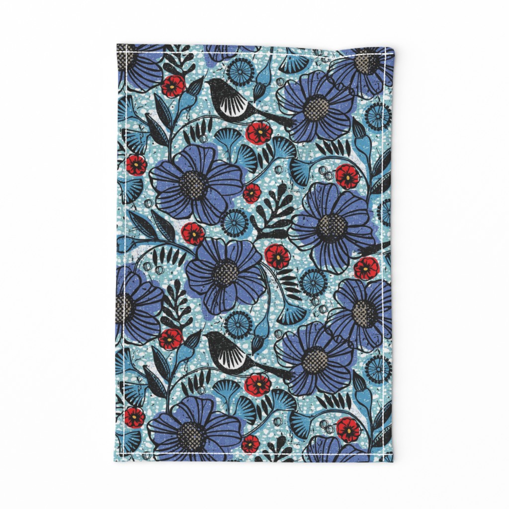 Blue blooms and black birds-floral-flowers-summer