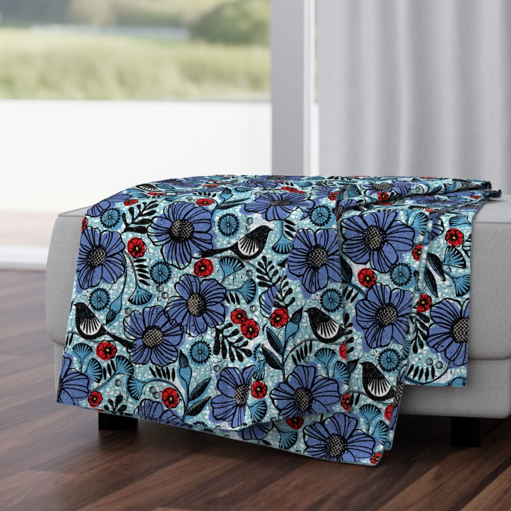 Blue blooms and black birds-floral-flowers-summer