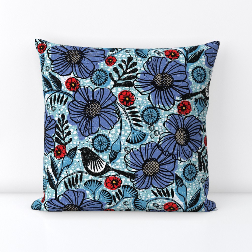 Blue blooms and black birds-floral-flowers-summer