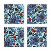 Blue blooms and black birds-floral-flowers-summer