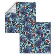 Blue blooms and black birds-floral-flowers-summer