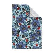 Blue blooms and black birds-floral-flowers-summer